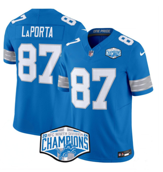 Men's Detroit Lions #87 Sam LaPorta Blue 2024 NFC North Champion F.U.S.E. Vapor Limited Stitched Jersey Men's Detroit Lions #87 Sam LaPorta Blue 2024 NFC North Champion F.U.S.E. Vapor Limited Stitched Jersey